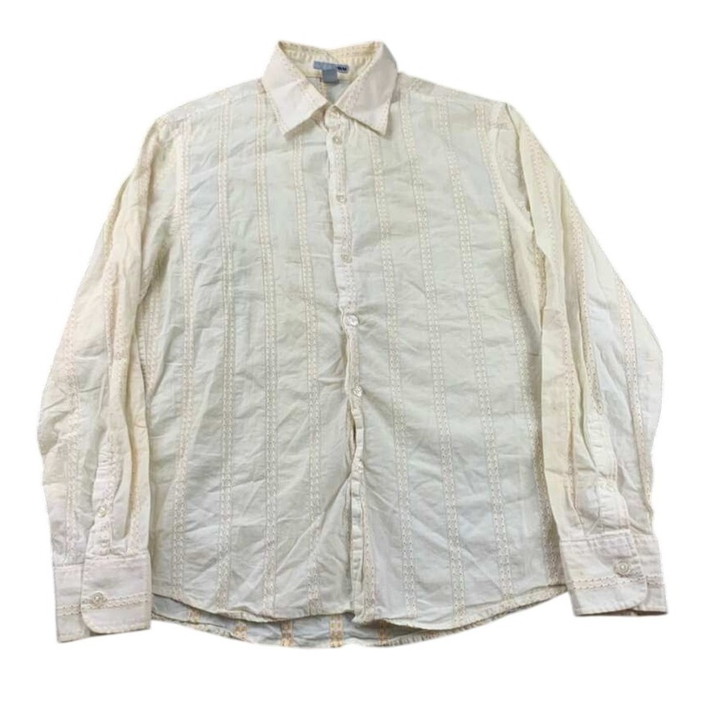 H&M Shirt Men L Cream Embroidered Stripe Button Down Long Sleeve Cotton Y2K